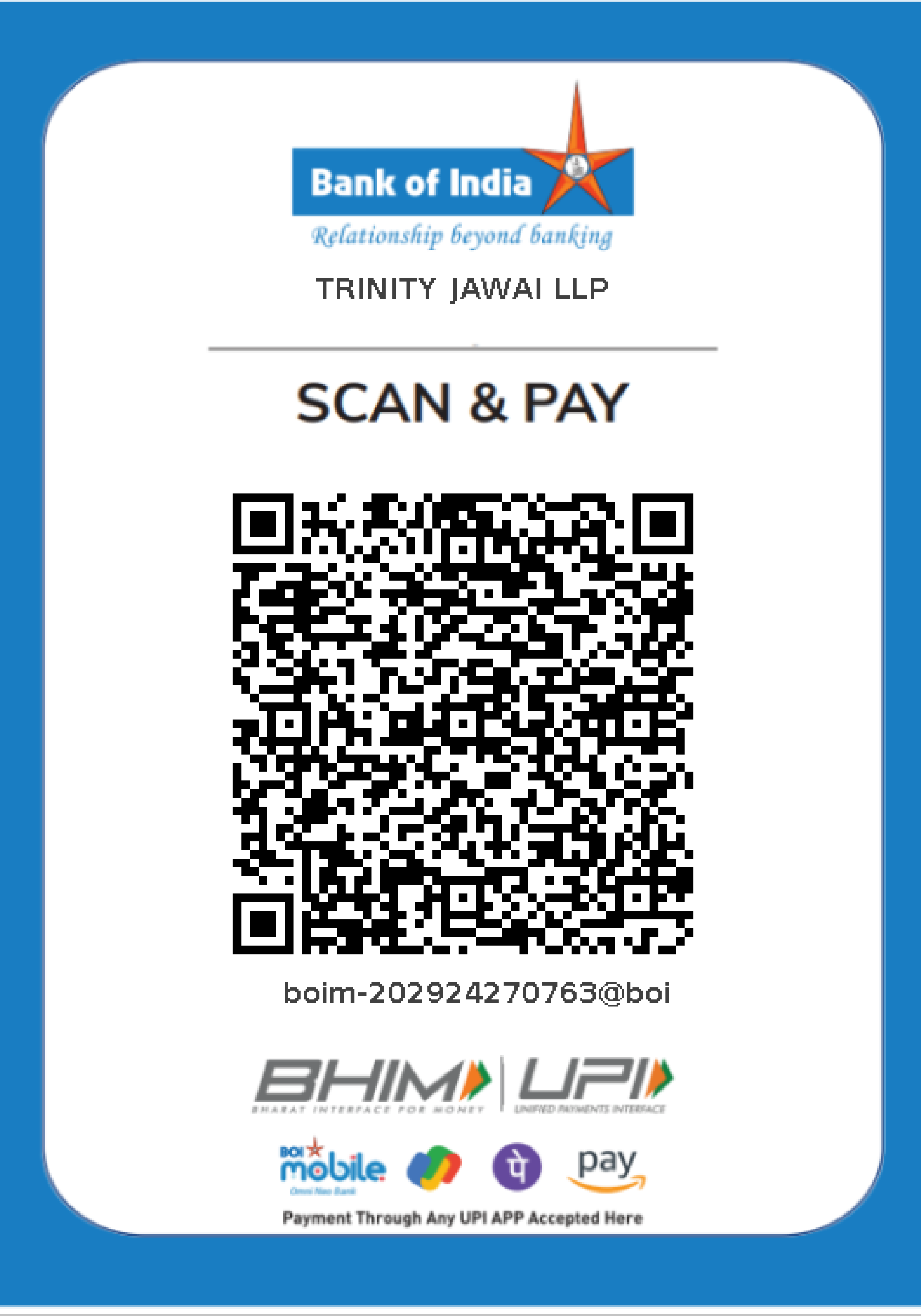 Bank of India Scan and Pay UPI QR code for Trinity Jawai LLP